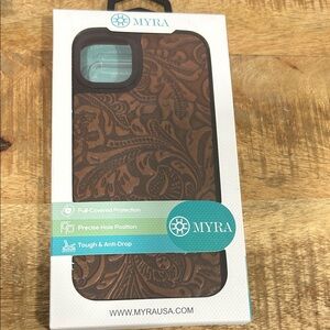 Myra Bag Intricate Brown Phone Case IPhone 14 Plus hand tooled